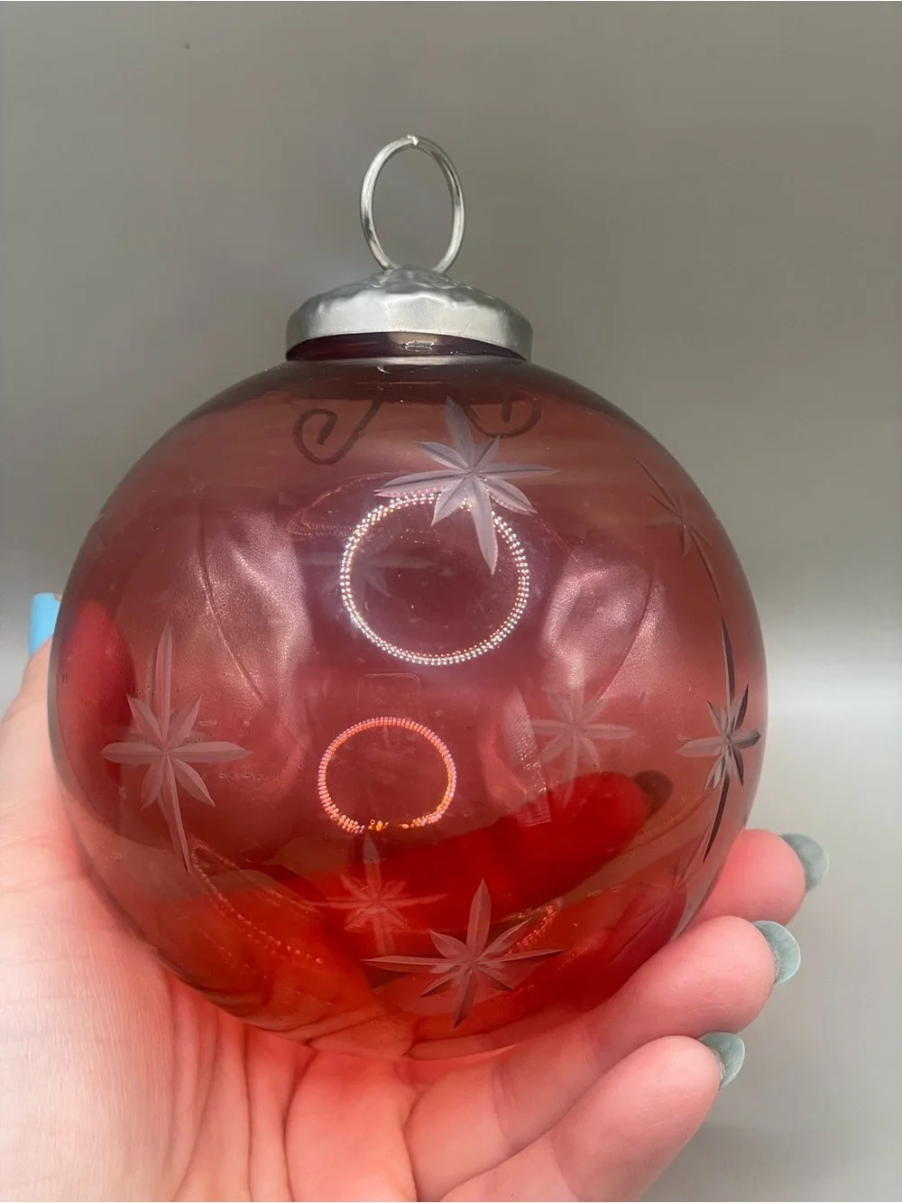VTG Red Cut Glass Kugel Style 4” Christmas Ornament Not marked Heavy Snowflakes
